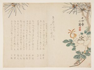 松と牡丹の花、1860（カラー木版画） 作： Tanomura Shsai